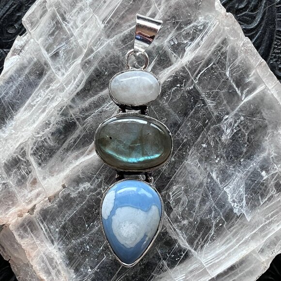 Rainbow Moonstone Labradorite and Blue Opal Pendant Stone Crystal Jewelry - Picture 1 of 9